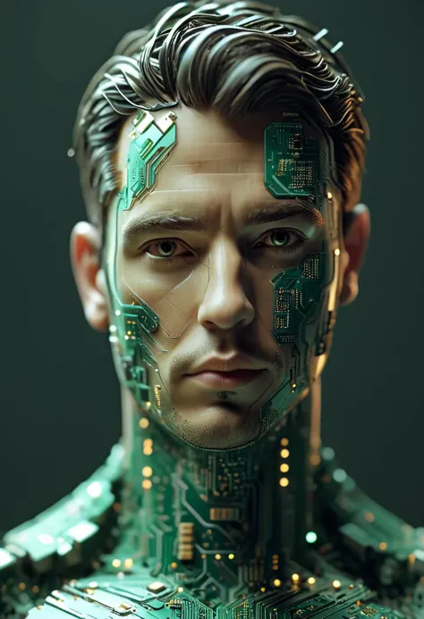 isometric style circuitboard of a handsome man's bust made from circuitboard, ((focus))