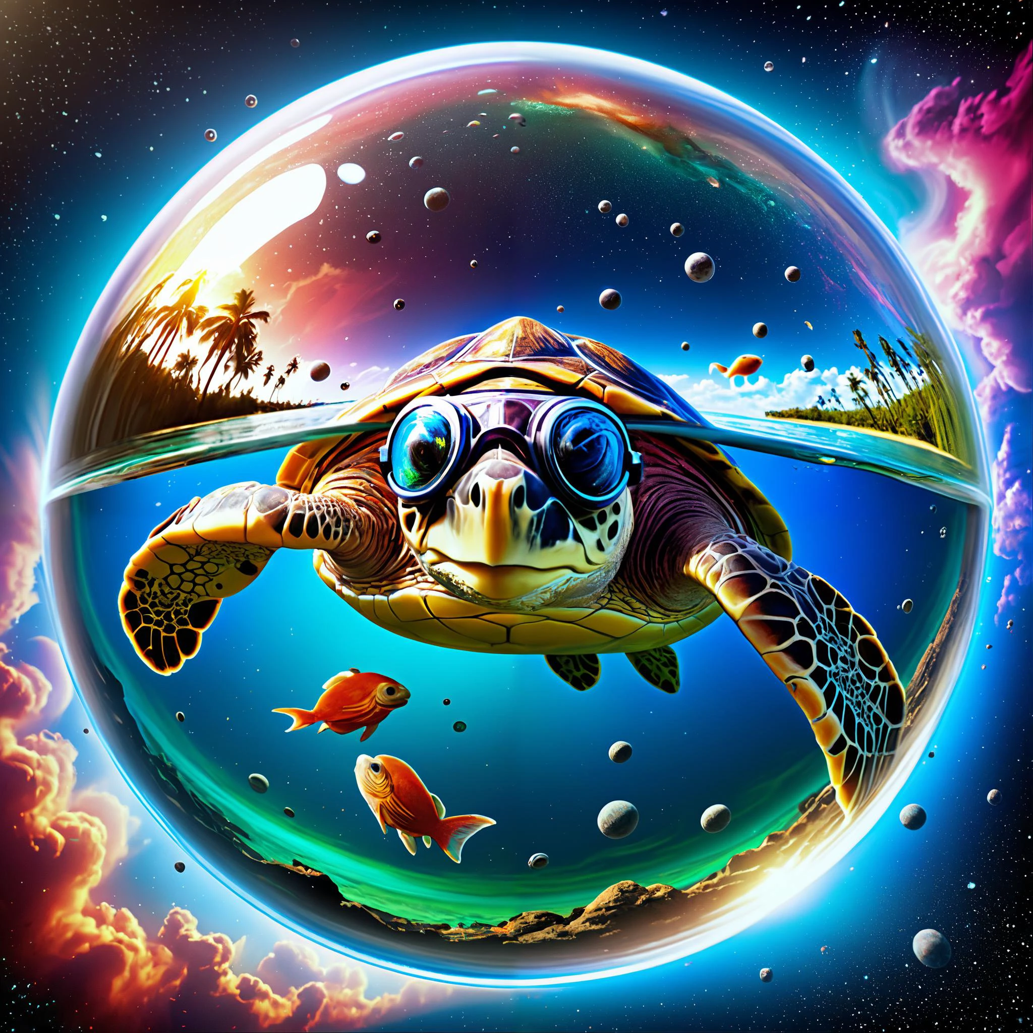 fisheye inside a bubble, imagine a turtle wearing (mirrored_pilots_goggles:1.2) swimming through a nebula as if space were an ocean, surrealism, pixar style, highly_detailed_textures, intricate_detail, exquisite_coloring, rule_of_thirds