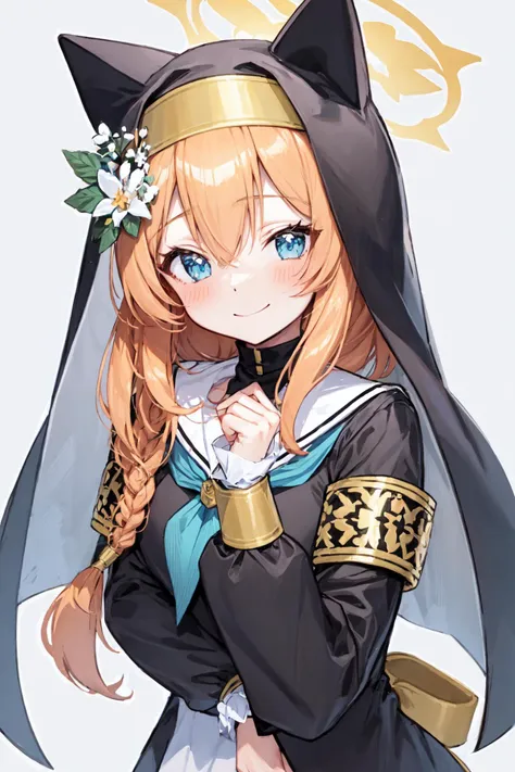 masterpiece, best quality, ultra-detailed, 1girl, armband, bangs, blue neckerchief, blush, braid, closed mouth, cropped torso, flower, habit, hair flower, hair ornament, halo, hat, hat flower, looking at viewer, mari, neckerchief, nun, sailor collar, simple background, single braid, smile, solo, upper body, white flower, white sailor collar <lora:mariV1>