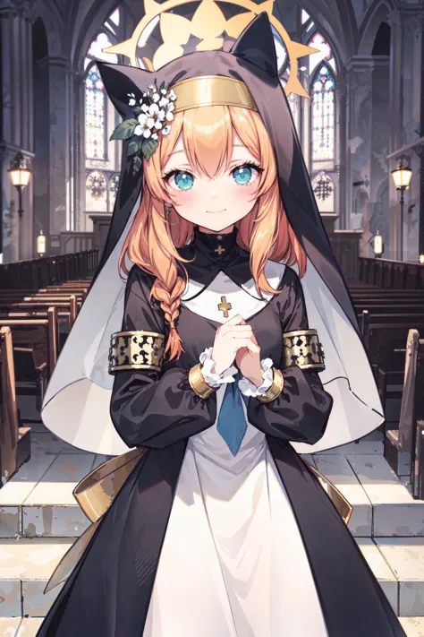 1girl, (masterpiece, top quality, best quality, official art, beautiful and aesthetic,:1.2),
mari, nun, veil, halo, smile, blush...