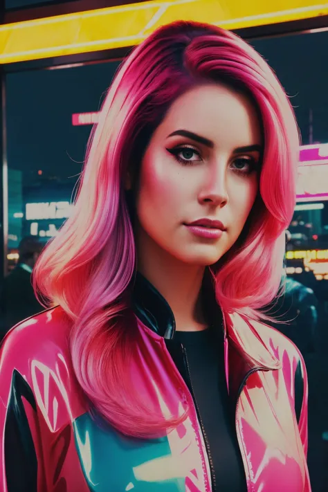 a close up of a woman with pink hair and a pink jacket