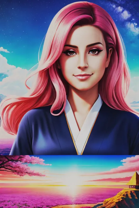 a painting of a woman with pink hair and a blue shirt