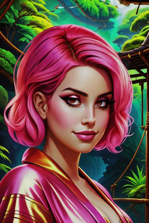 a woman with pink hair and a pink dress in a jungle