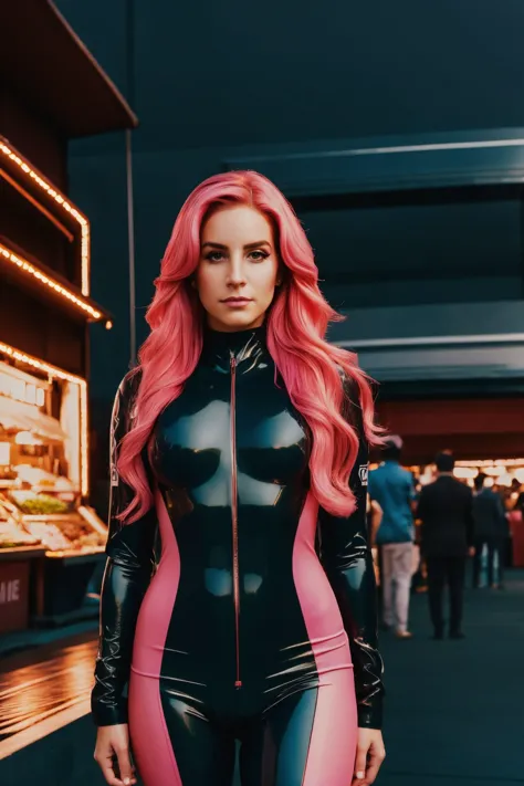 a woman in a black and pink suit standing in front of a store