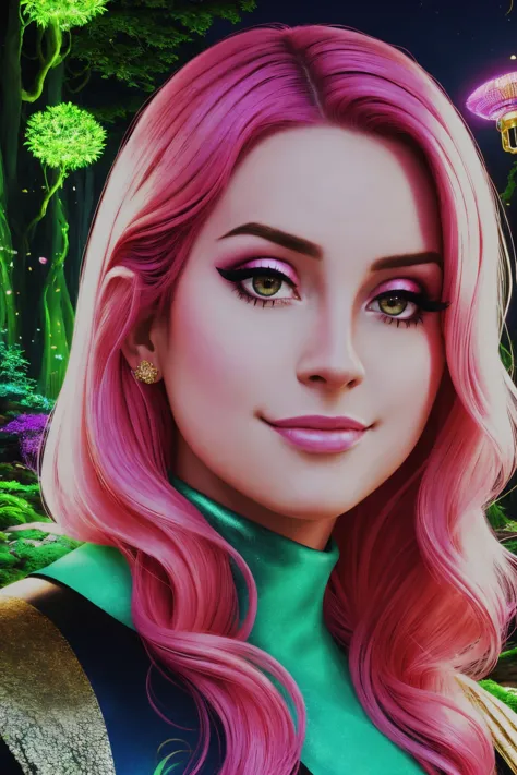 a woman with pink hair and green eyes in a forest