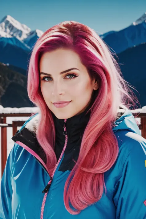 a woman with pink hair and a blue jacket standing in front of a mountain