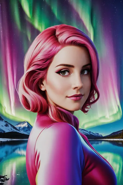 a painting of a woman with pink hair and aurora lights in the background