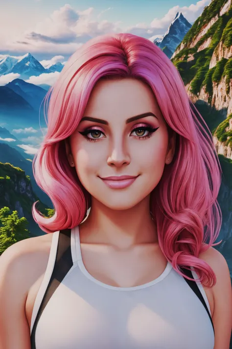 a painting of a woman with pink hair and a white top