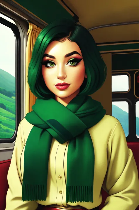 dianna livy standing close up, middle shot, upper body, young, makeup, happy,
beautiful face, masterpiece, highres, cartoon, pixar, drawing,
Scarf, (green hair:0.8),
Vintage train journey and countryside views
<lora:dianna_livy:0.80>