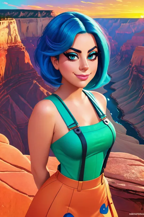 a woman with blue hair and a green top standing in front of a canyon