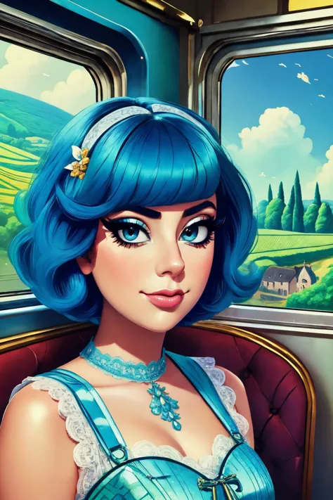 a woman with blue hair and blue dress sitting on a train