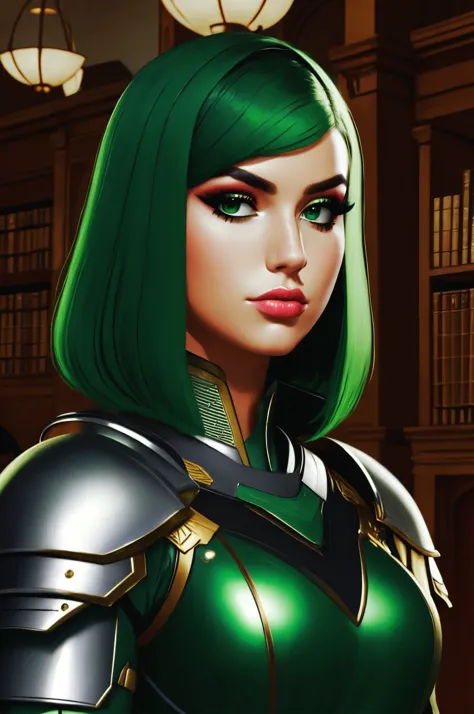 dianna livy standing close up, middle shot, upper body, young, makeup, serious look,
beautiful face, masterpiece, highres, realistic,
armored dress, green hair,
Public library and reading hour
<lora:dianna_livy:0.95>