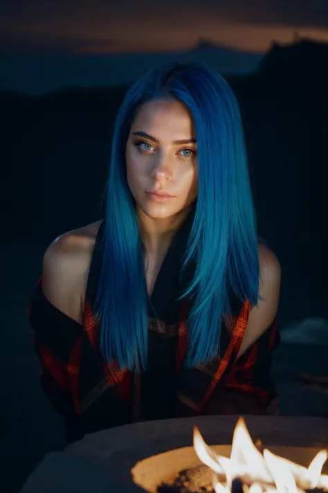 a woman with blue hair sitting in front of a fire pit