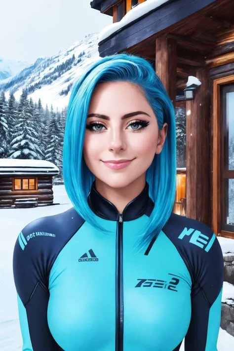 a woman with blue hair and a blue top standing in front of a cabin