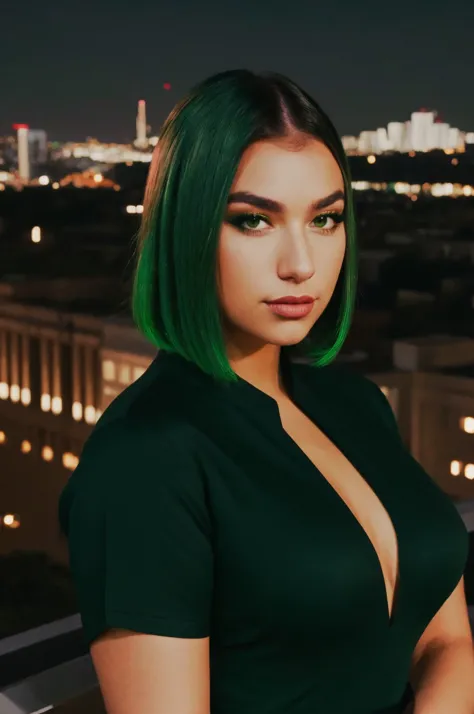 a woman with green hair standing on a balcony looking at the camera