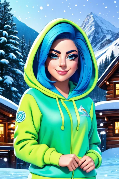 a woman with blue hair and a green hoodie standing in front of a cabin