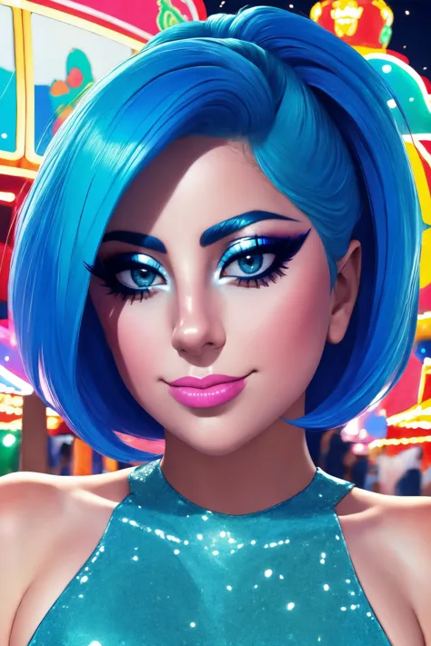 rana vadel middle shot close up, upper body, blue hair, young, makeup, smiling,
beautiful face, masterpiece, highres, realistic,
Paletot,
Carnival at night and colorful lights,
 <lora:rana_vadel:0.85>