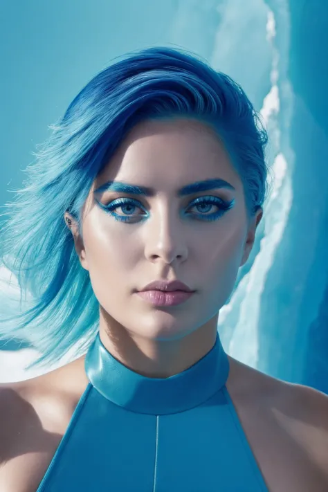 rana vadel middle shot close up, upper body, blue hair, young, makeup, happy,
beautiful face, masterpiece, highres, realistic,
short jumpsuit,
Glacial ice cave and blue tones,
 <lora:rana_vadel:0.8>