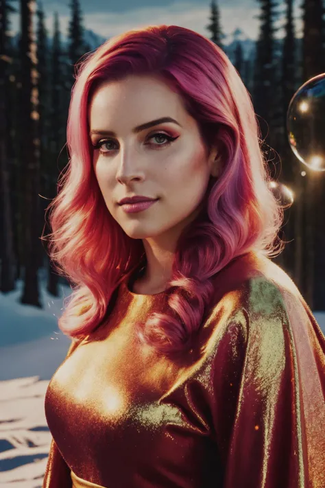 a woman with pink hair and a gold dress in the snow