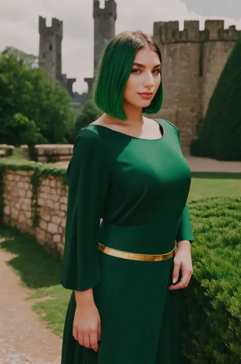 a woman with green hair standing in front of a castle