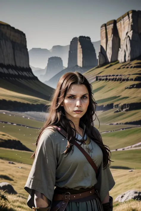 a woman in a green dress standing in a field with mountains in the background