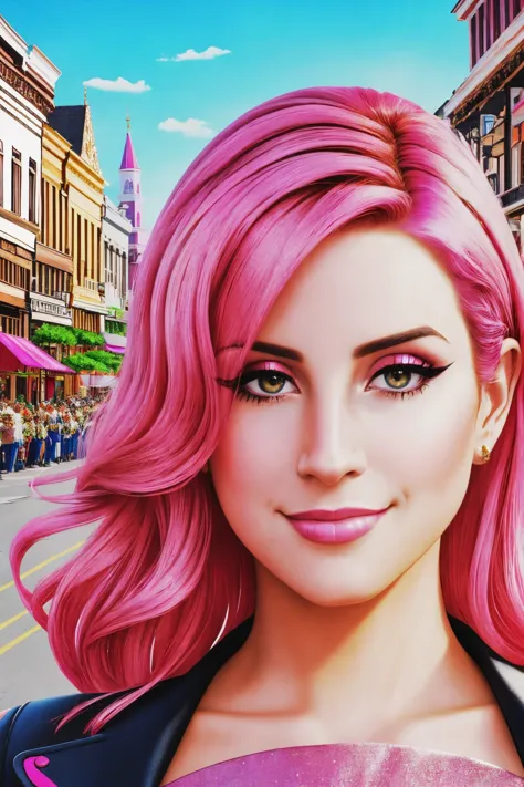 a woman with pink hair and a black jacket on a street