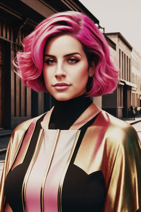 a woman with pink hair and a gold cape on a street