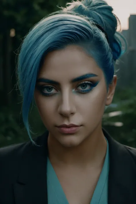 a woman with blue hair and a black jacket