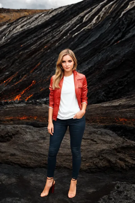 Anjelika Fotson standing close up, young, makeup, smiling,
beautiful face, masterpiece, highres, realistic,
Jeans,
Volcanic landscape and lava rivers and smoke,
 <lora:anjelika_fotson:0.75>