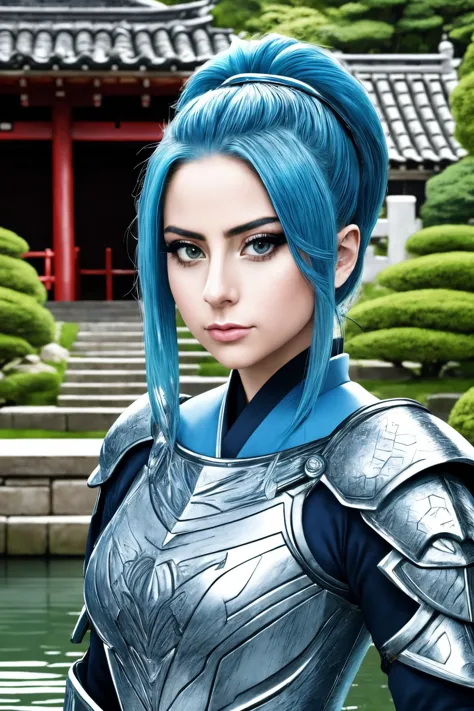 a close up of a woman with blue hair wearing armor