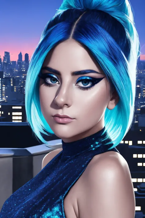 a woman with blue hair and blue eyes posing in front of a city skyline