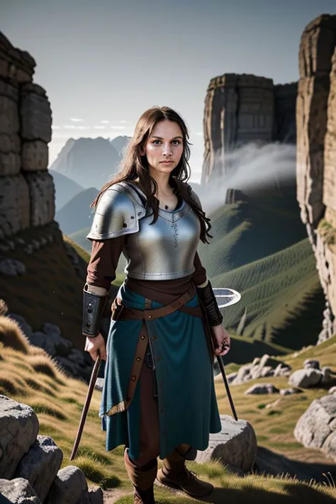 a woman in a silver and blue outfit standing on a rocky hill