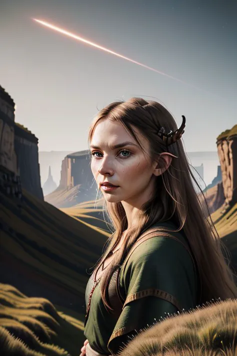 a portrait of a fierce viking bowmaiden, embodying bravery and resilience in a rugged landscape,