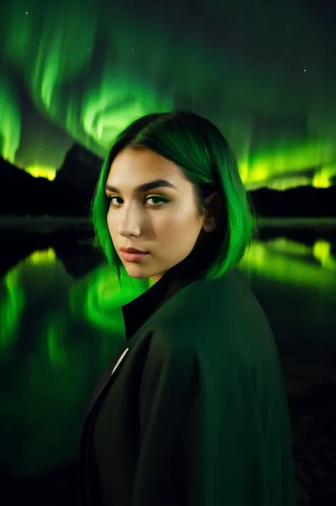 a woman with green hair and a black jacket standing in front of a lake