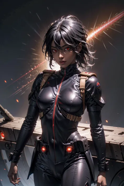 1girl, dark galactic villain,  dark skin, military uniform, glowing red eyes, <lora:SD15_druuna_style:1> druuna style,