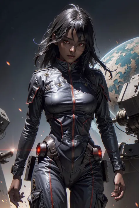 1girl, dark galactic villain,  dark skin, military uniform, glowing red eyes, <lora:SD15_druuna_style:1> druuna style,