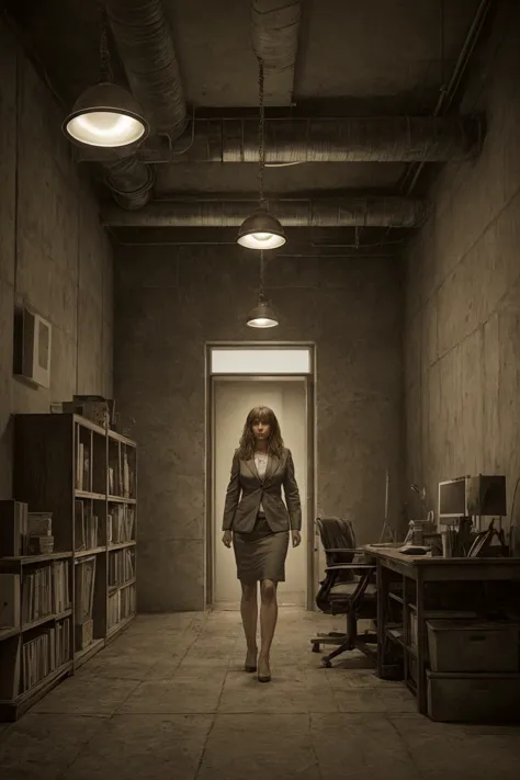 druuna style office lady, indoors, harsh interior lighting  <lora:SD15_druuna_style:1>