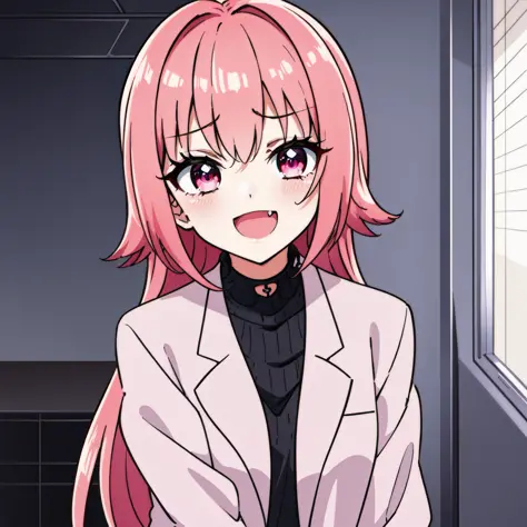 1girl, pink hair, :d, skin fang, smug, labcoat, <lora:skinfang:0.6>, <lora:animestylelora_v10forcorneos7th:0.5>, (highest qualit...