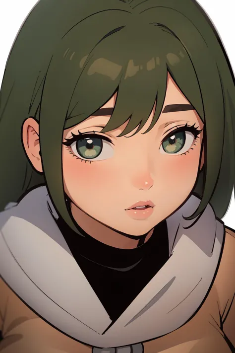 anime girl with green eyes and brown coat looking at camera