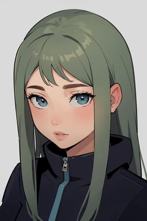 anime girl with green hair and blue eyes in a black jacket