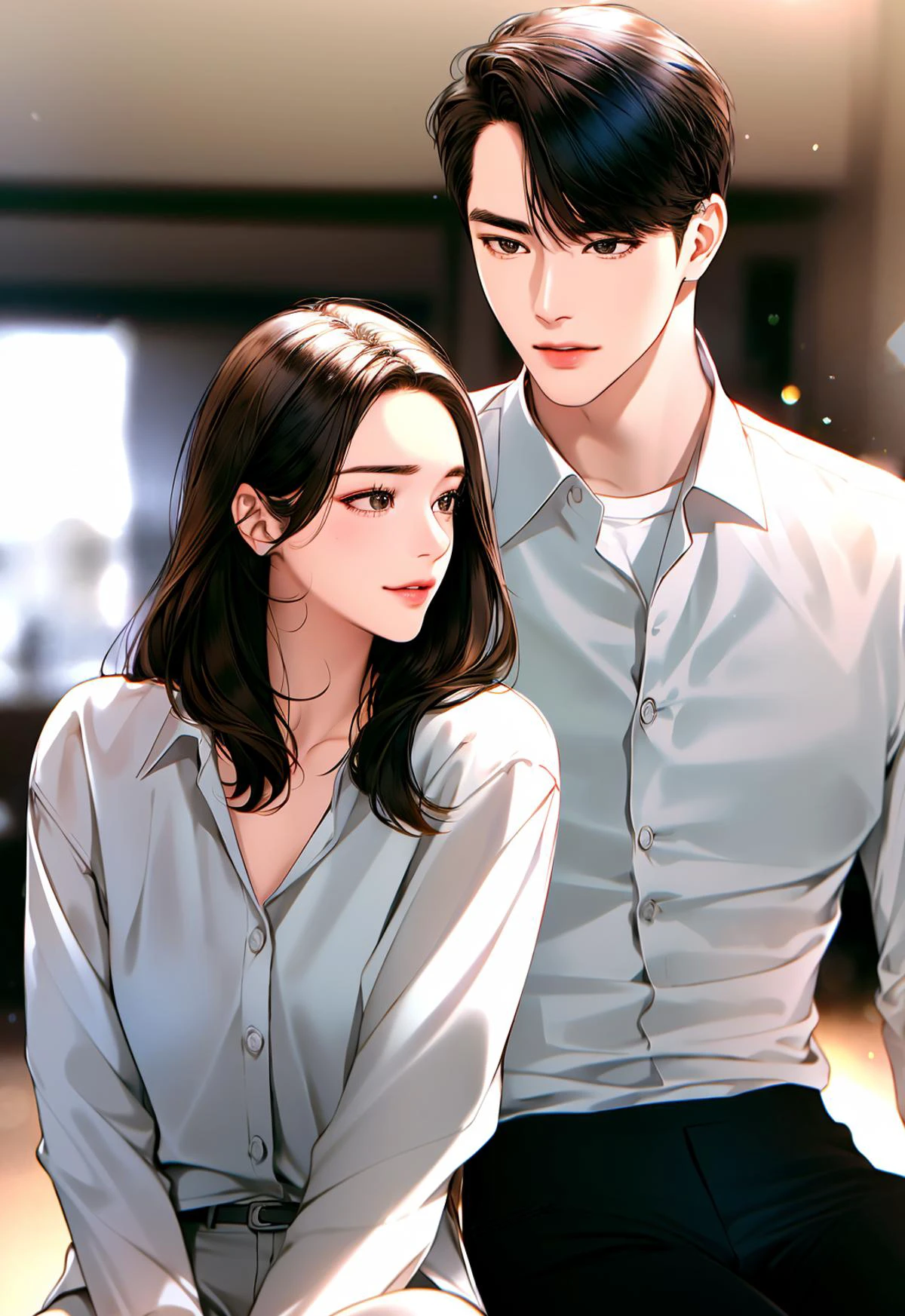 Concept art, love themes, illustrations, 1girl, 1boy, brown hair, shirt, black hair, white shirt, brown eyes, hetero, sitting, blurry background, blurry, long hair, looking at another, white pants, pants, black eyes, long sleeves, collared shirt, closed mouth, lips, couple