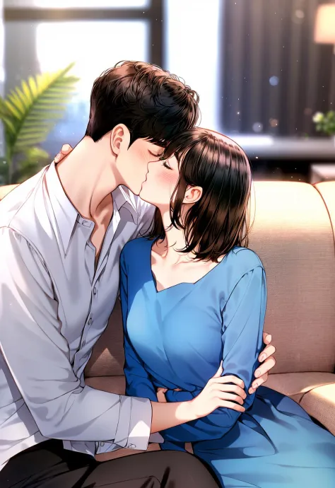 Concept art, love themes, illustrations, 1girl, 1boy, kiss, hetero, closed eyes, brown hair, shirt, dress, blue dress, couch, wh...