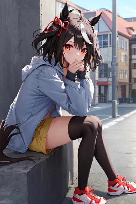 anime girl sitting on a ledge with her legs crossed