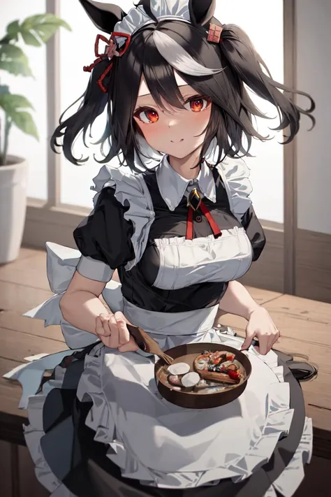 anime girl in maid outfit with bowl of food on table