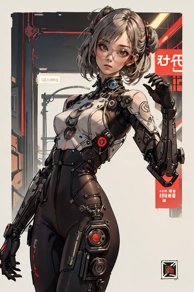 1girl, a girl in cybernetic chinese suit, dynamic pose, dynamic angle, cyberpunk, upper body shot  newchinesestylesuit  cyber_glasses alphonse mucha jakubrozalskistyle cyberpunk android-seams reelmech Painted poster