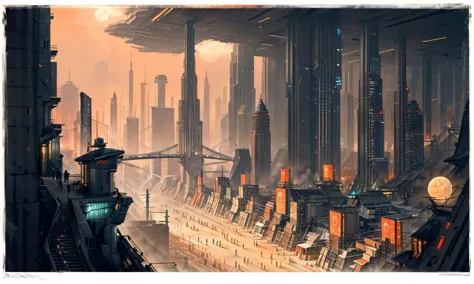 a science fiction city, futuristic, full of skyscrapper, smog, city lights, cyberpunk, blade runner, from below, two moon <lora:...