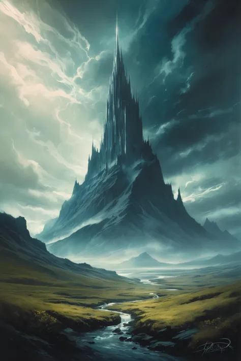 a painting of a castle in the middle of a mountain