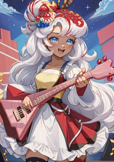 (masterpiece, best quality, highres, ultra detailed:1.2), (solo, 1girl, cowboy shot), paruparu, dark skin, blue eyes, white eyelashes, white hair, hair bun, red dress, food-themed hair ornament, sleeves past wrists, thighhighs, (instrument, guitar:1.3), 
BREAK, smile, open mouth, facing viewer, (dynamic pose, outstretched arms), 
BREAK, (stage, music, music notes)