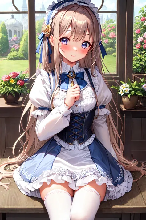 ((masterpiece)), ((top quality)), ((high resolution)), ((very precise detail)), ((insanely detailed)), 1girl, bangs, blush, cute, medium breasts, slim thighs, indoors, embarrassed, greenhouse, Sit in the chair, table, afternoon tea, flower, long_hair, blue eyes, White knee socks, White_socks, frilled sleeves, corset, tiara, princess, trembling,  <lora:loFashion_v20:0.6>, (lo classic:1.3),