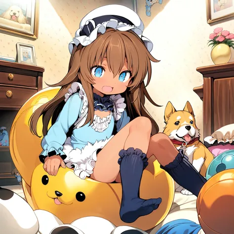 masterpiece,best quality,very aesthetic,absurdres,highres,<lora:Cool_Rance_PA:1>,full body,1girl,dark skin,flat chest,child,petite,thin,brown hair,long hair,blue eyes,on ball,long blue shirt,bare legs,frills,fluffy,long blue socks,laughing,bedroom,dog,